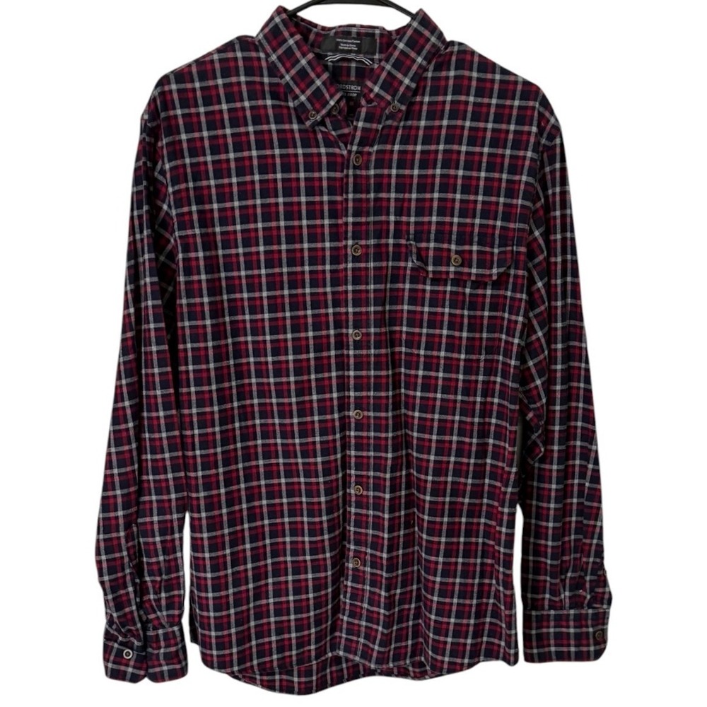 Nordstrom Men's Shop Plaid Shirt Large Trim Fit Red White & Blue Button Down Top